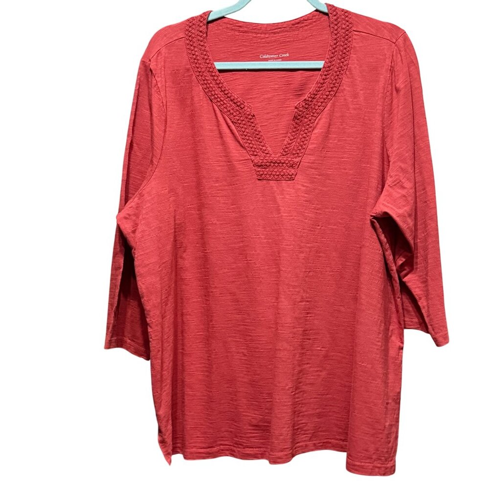Coldwater Creek Womens Red Textured Long Sleeve Tunic Top 2X Crochet Details
